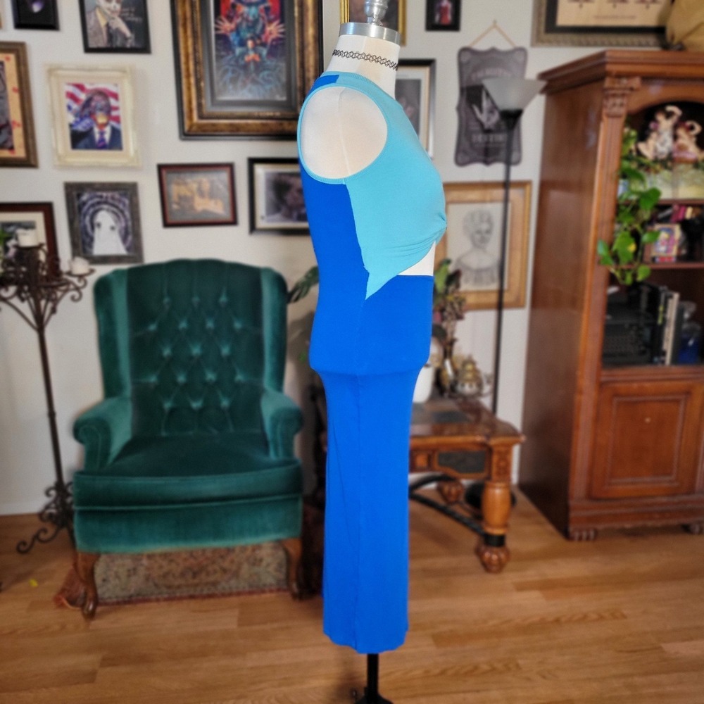 Oten Blue Maxi Dress Colorblock Cutout Small Ribbed Sleeveless Twist Front Slit - Picture 3 of 6